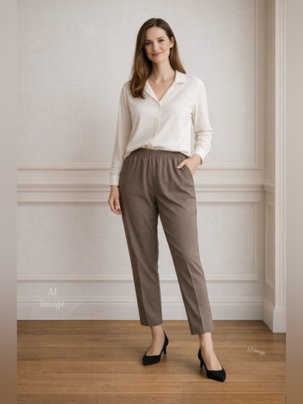 Briggs NY Pull-On Ankle Pants Taupe High Rise Elastic Waist L Vintage
